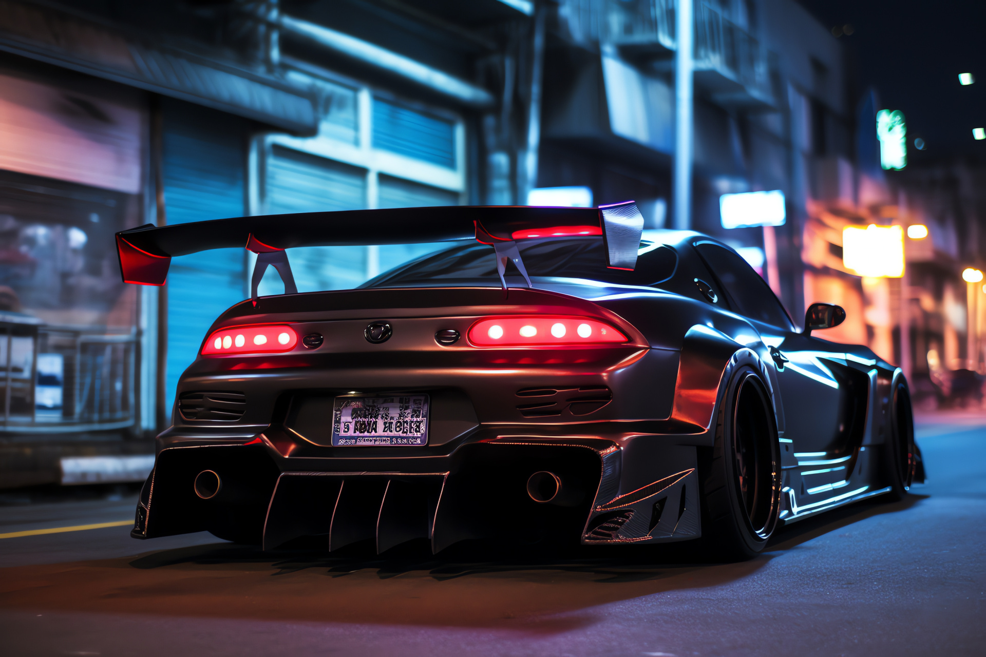 Toyota Supra Tokyo drift, Japanese car culture, Enhanced body kit, Aerodynamic rear wing, Illuminated city backdrop, HD Desktop Wallpaper