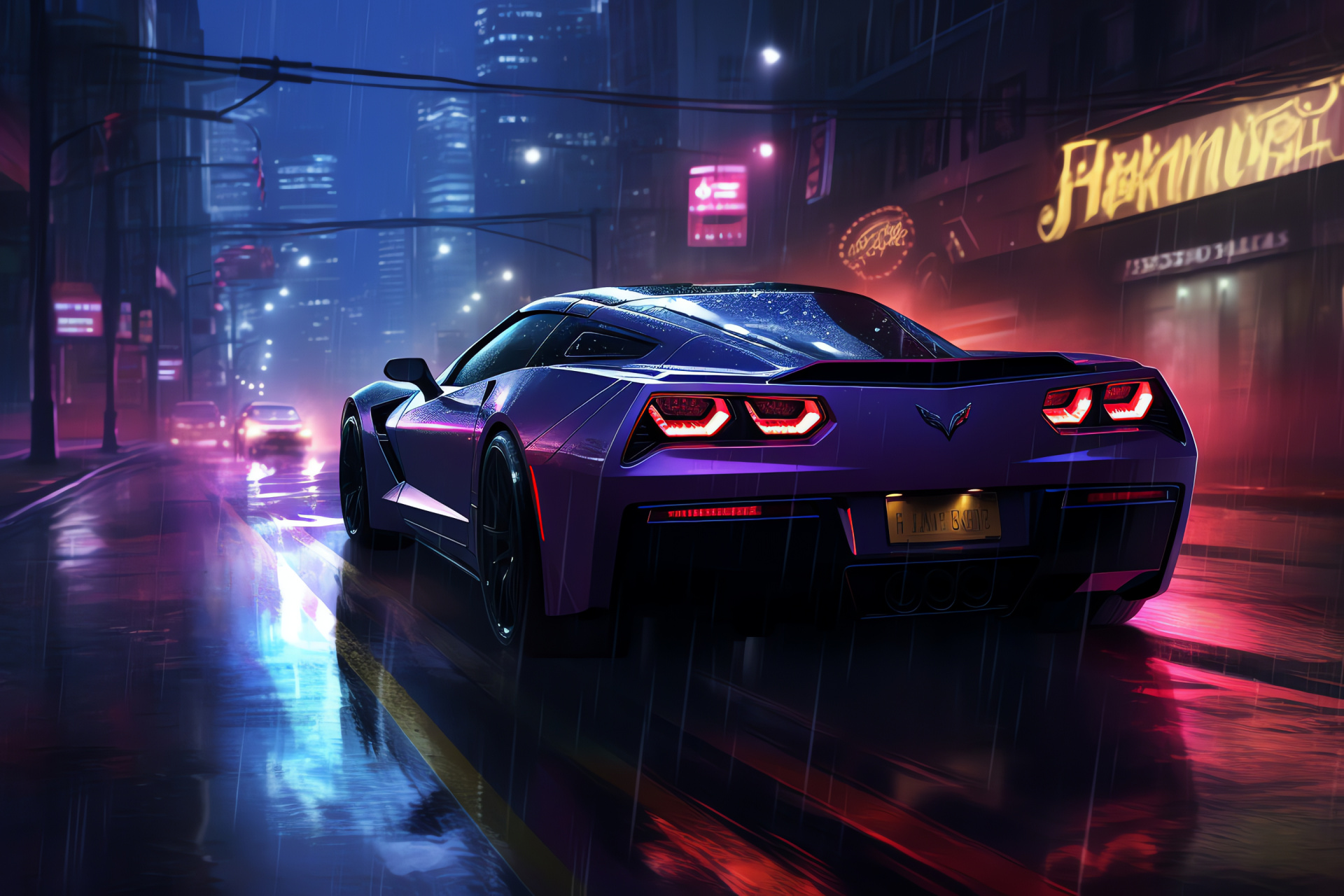 NFS Most Wanted adventure, Chevrolet Corvette C6, Evening downpour, Urban roads, Illuminated night, HD Desktop Image