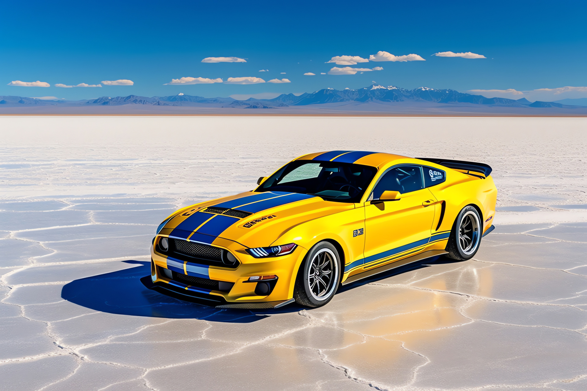 Mach 1 Mustang, Salt pan racing milieu, Vehicle aerial composition, Serene sky backdrop, Stark salt flat, HD Desktop Wallpaper