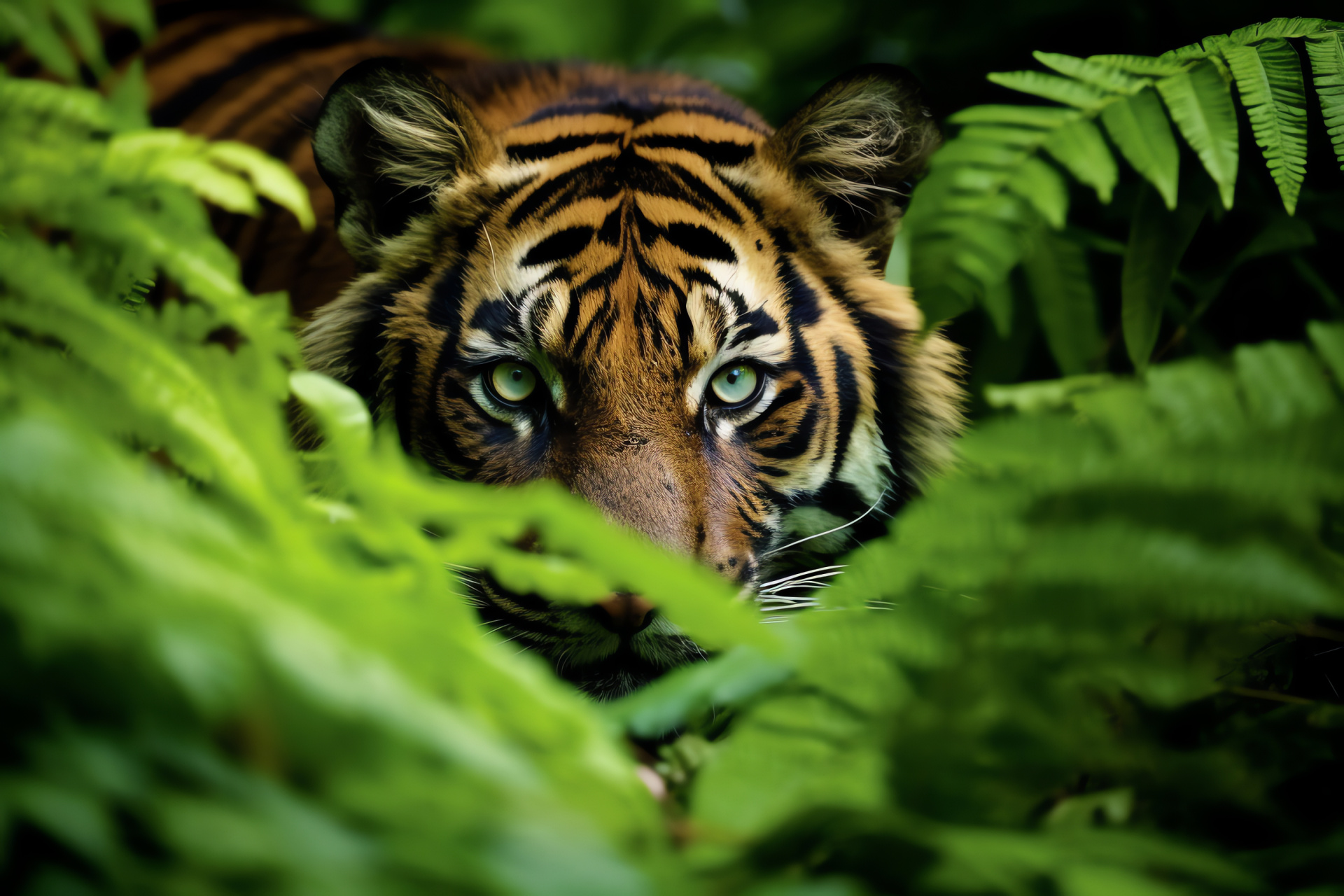 Elusive Sumatran tiger, Indonesian jungle habitat, Camouflaged wildcat presence, Rainforest greenery, HD Desktop Image