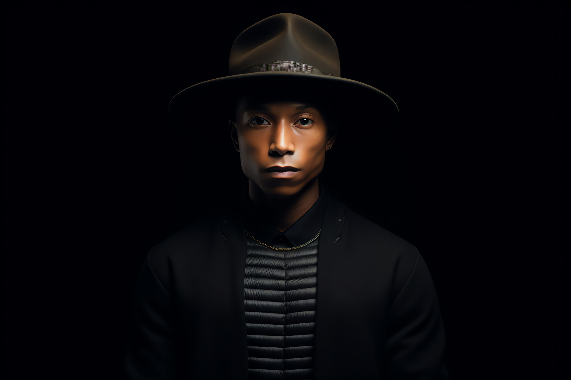 Music icon Pharrell, Confident performer, Intense performer look, Hypnotic stare, Depth of character, HD Desktop Image