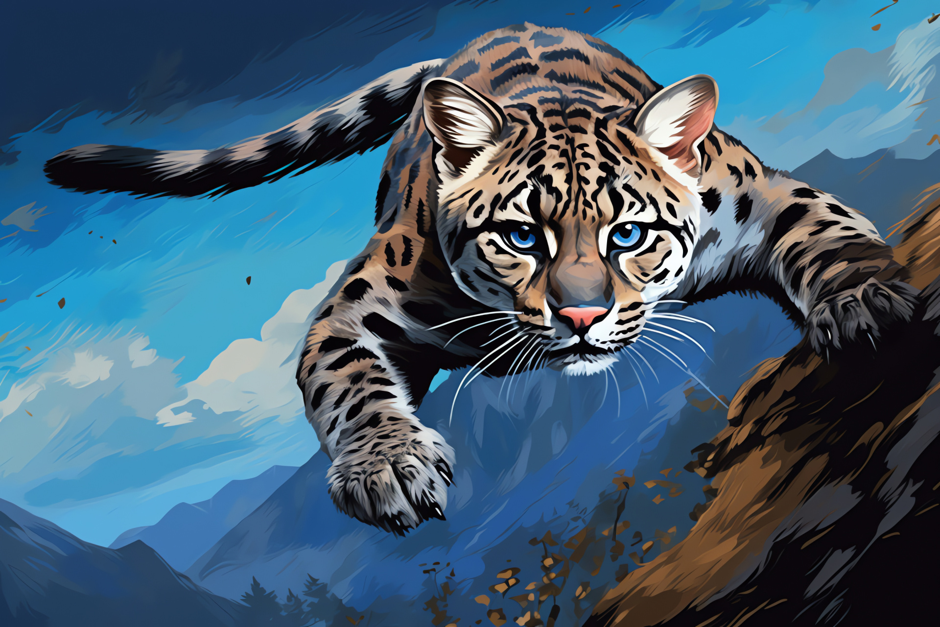 Silver-gray Ocelot, Enriched sapphire gaze, Active wild cat, Distinct spotted coat, Dynamic natural pose, HD Desktop Image