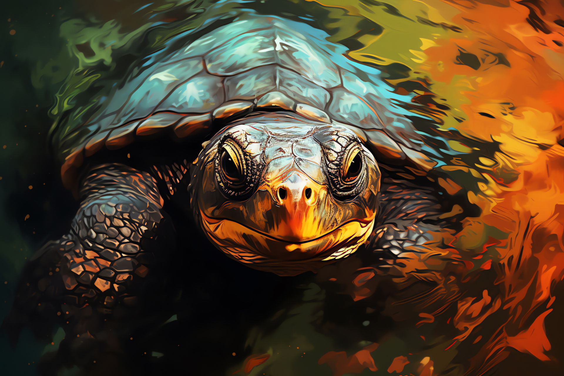 Snapping turtle, predator eyes, armored shell, wetland inhabitant, murky waters, HD Desktop Image