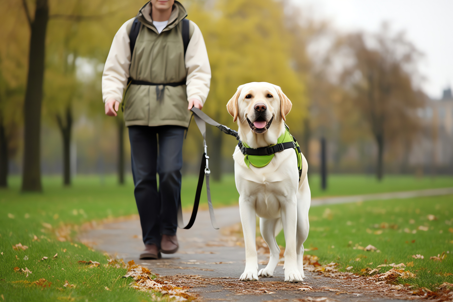 Yellow Labrador Retriever, assistance animal, perceptive look, sleek fur, verdant setting, HD Desktop Wallpaper