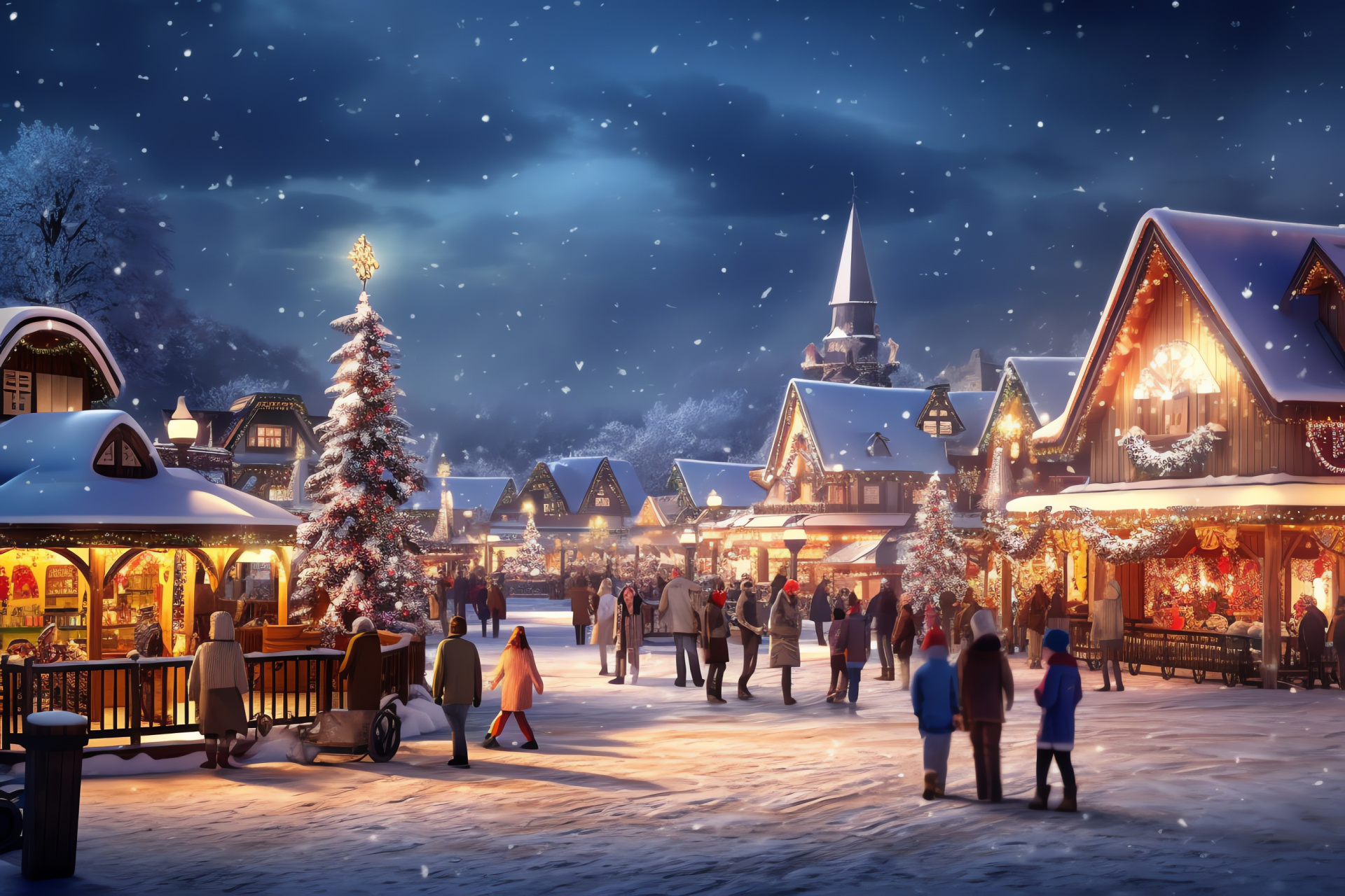 Historic village, festive lighting, winter activities, community spirit, nostalgia-filled street, HD Desktop Image