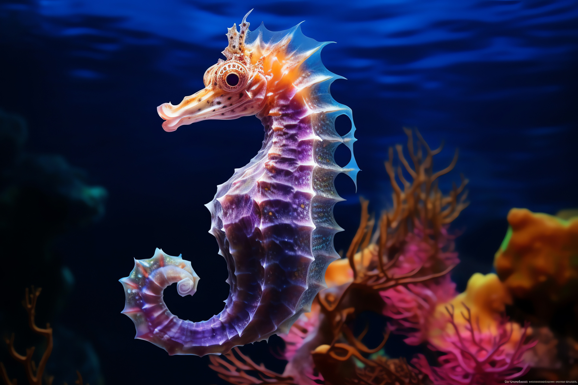 Sea Horse, pale yellow body, vertical position, triple-color backdrop, sapphire eyes, HD Desktop Wallpaper