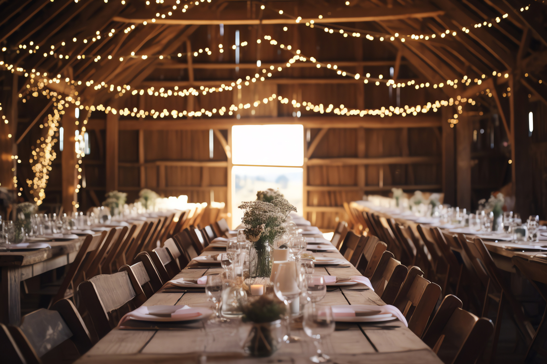 Bucolic barn setting, Country-style matrimonial event, Twinkling fairy strand lighting, Rustic wooden furniture, Burlap adornments, HD Desktop Image