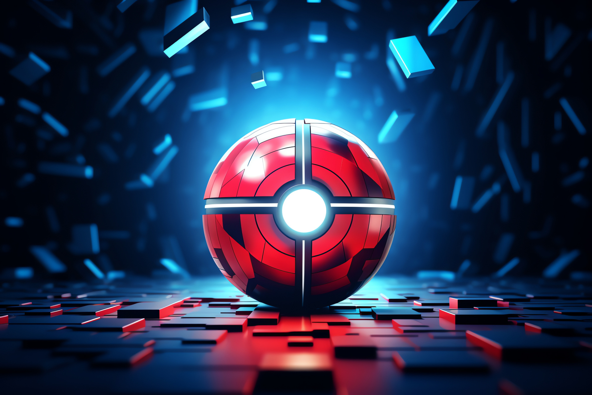 Surreal Pokeball, Geometric design, Cobalt hues, Suspended artifact, Calm ambiance, HD Desktop Image