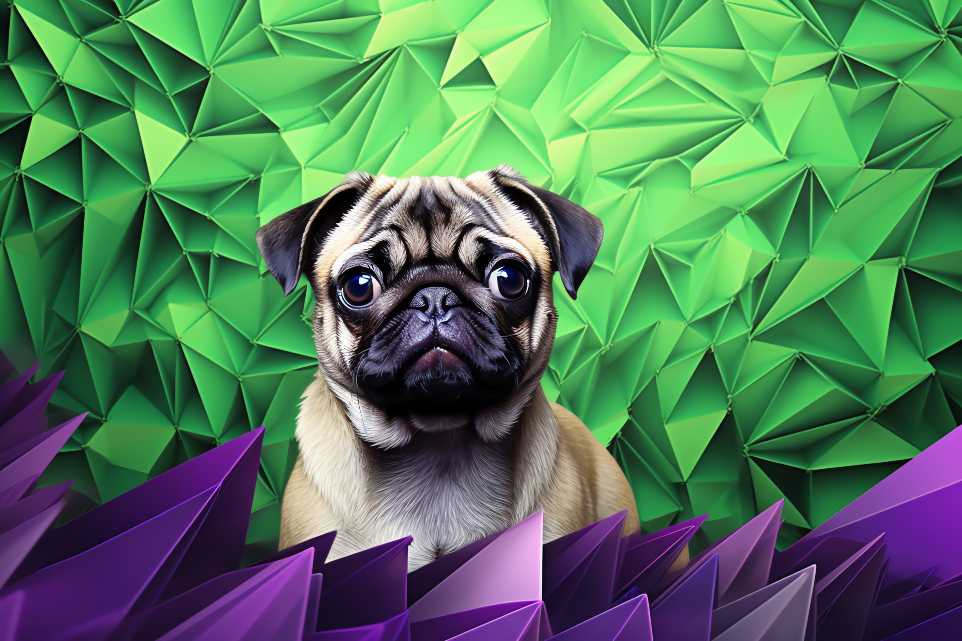 Metallic sheen pug, Amiable puppy, Small pug breed, Bright-eyed curious, Decorative habitat, HD Desktop Wallpaper