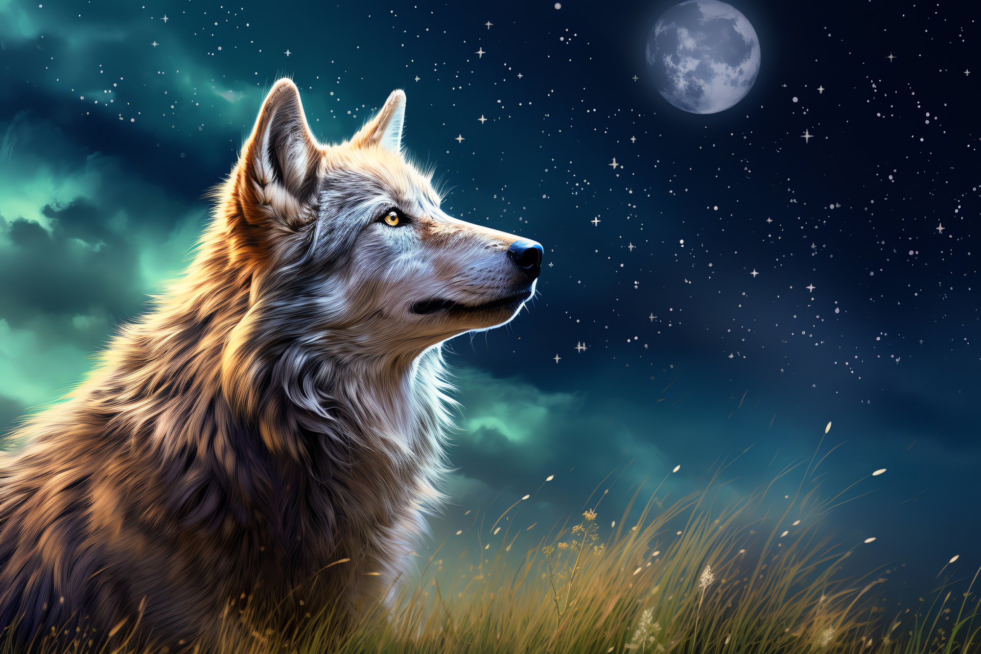 Wolf, russet gaze, dusky pelage, celestial dome, elevated vista, HD Desktop Image