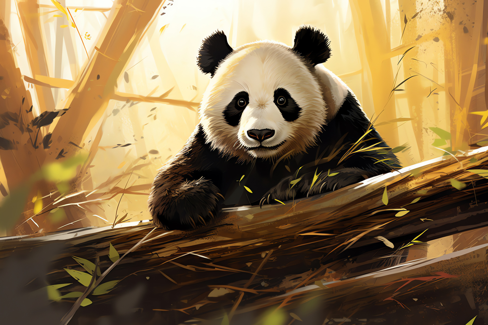 Fuzzy panda bear, Sepia gaze, Dual-tone pelage, Verdant grove, Harmonious surroundings, HD Desktop Image