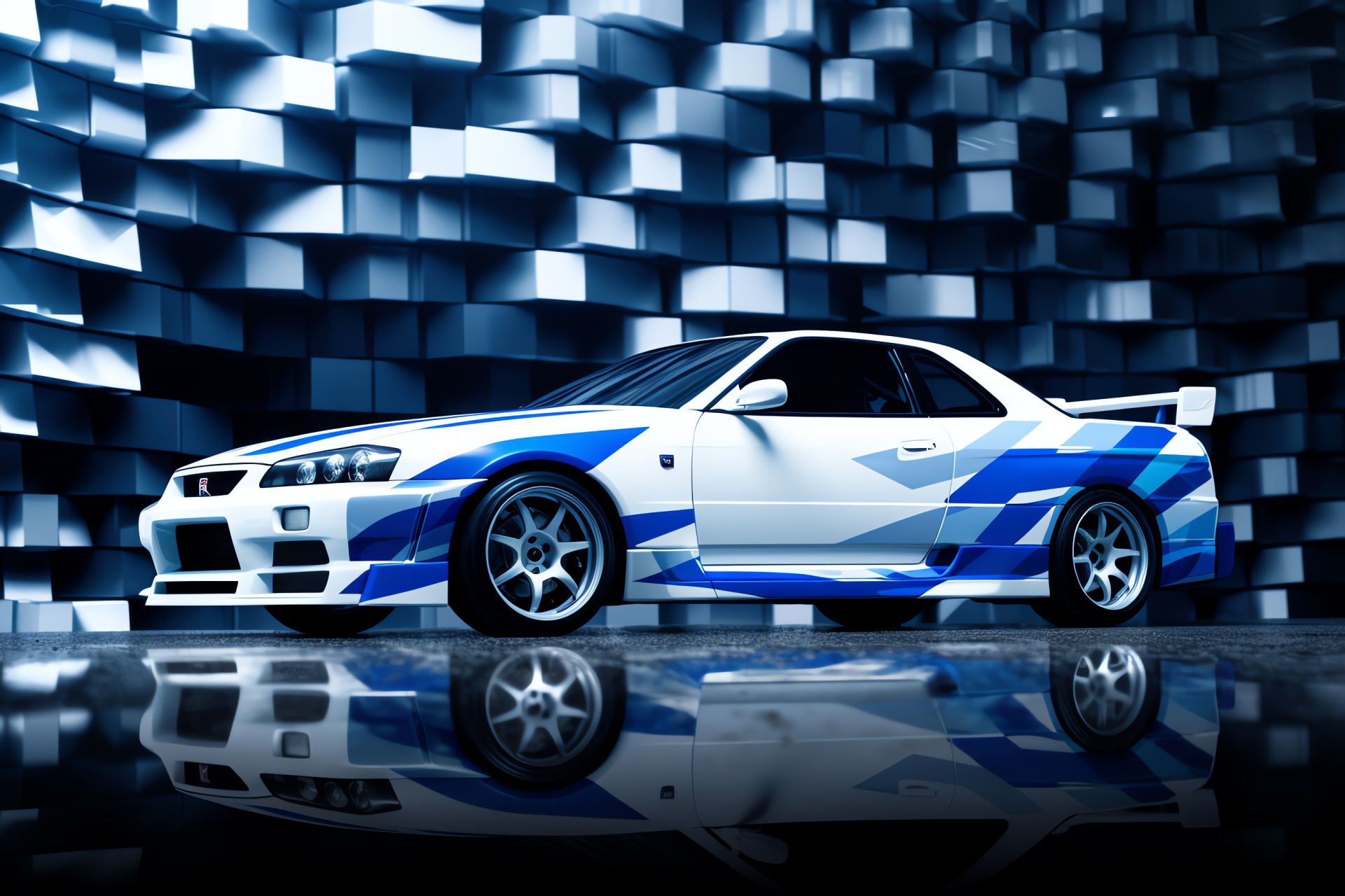 Nissan Skyline GTR R33, Lateral automotive pose, Geometric patterned background, Sky blue presence, Auto elegance, HD Desktop Wallpaper