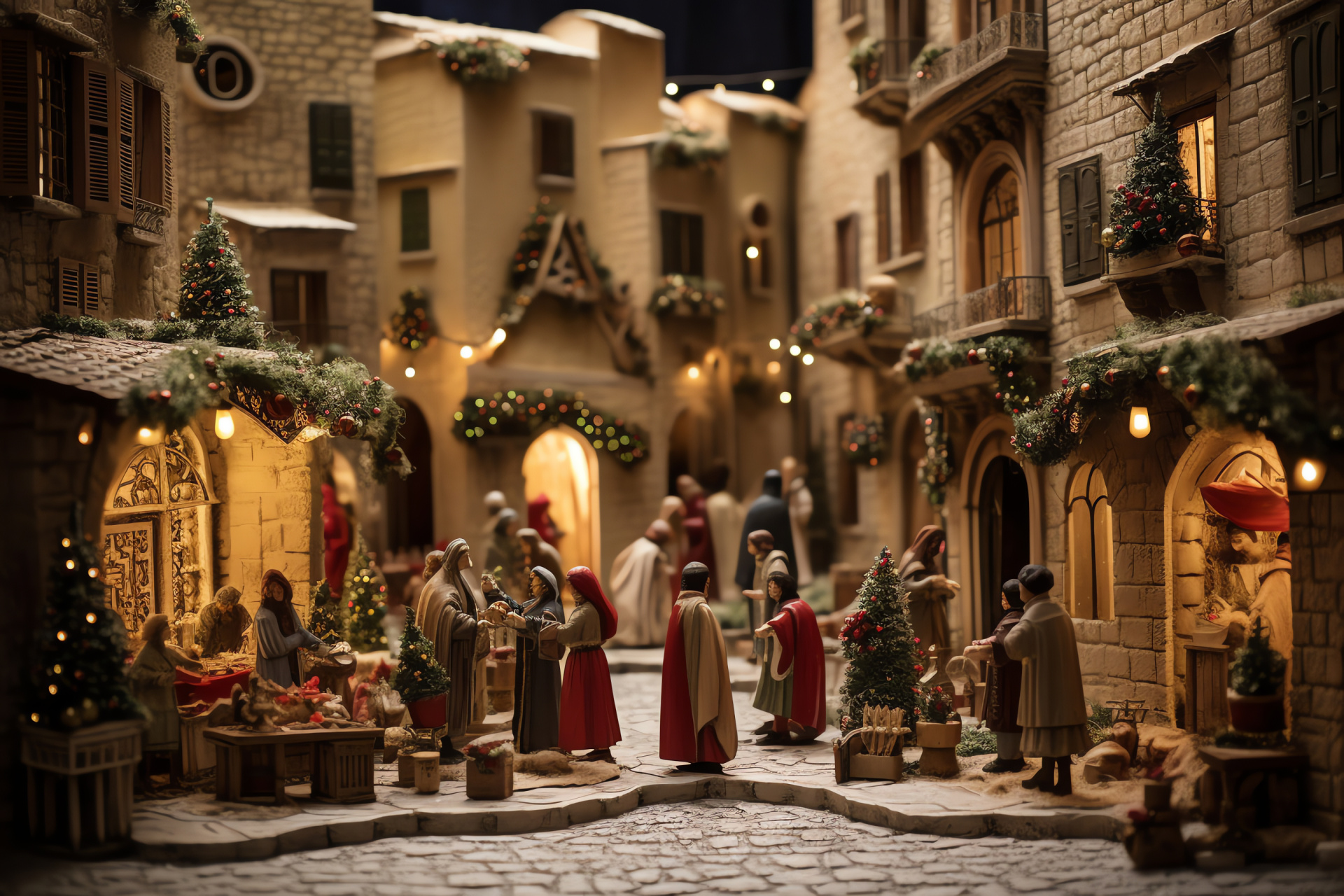 Umbrian nativity tradition, quaint Italian setting, biblical figurines, handcrafted manger scene, spiritual recreation, HD Desktop Image