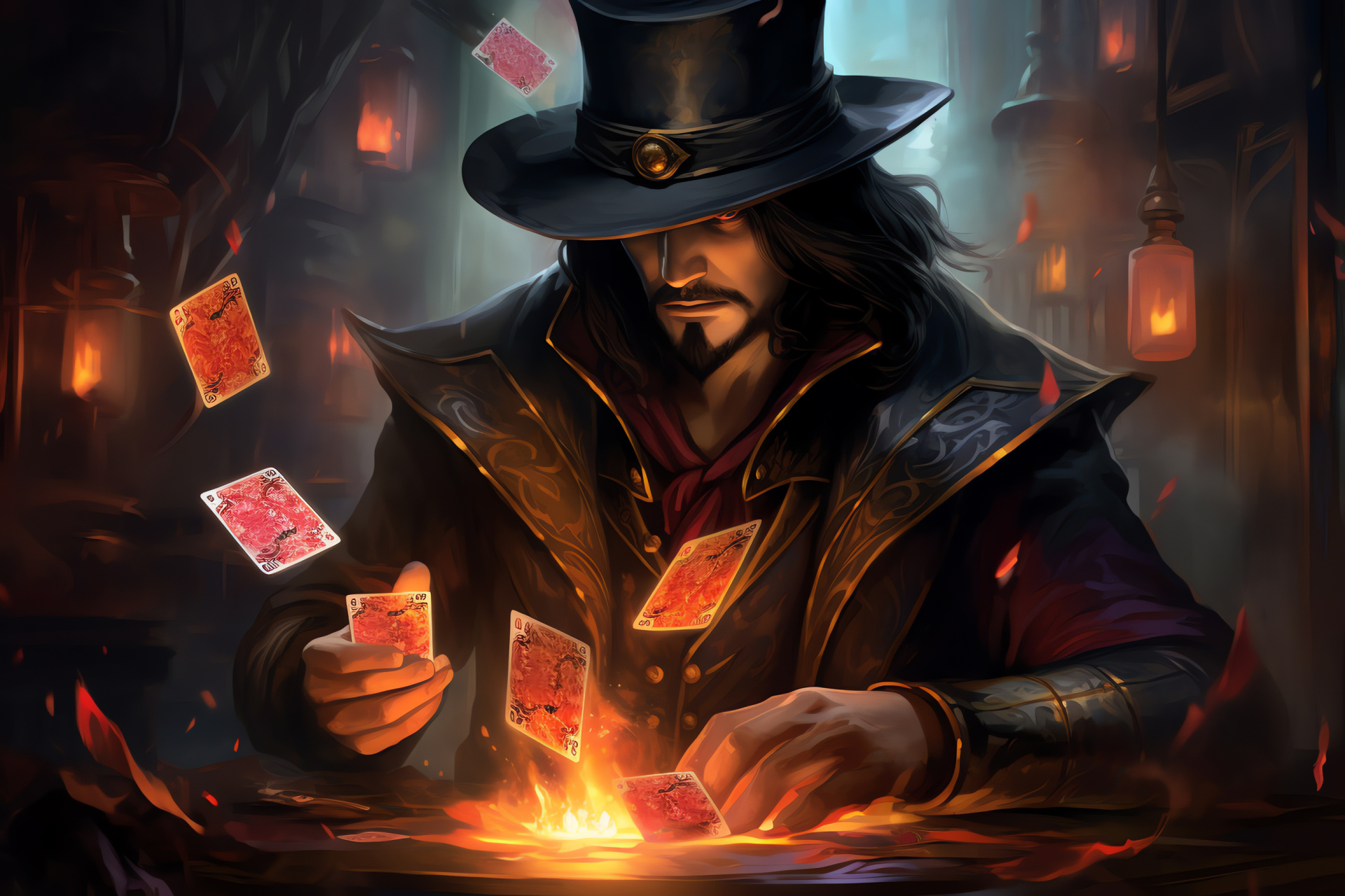 Gambler Twisted Fate, dynamic gunfight, classic chapeau, signature card maneuver, League of Legends moment, HD Desktop Wallpaper