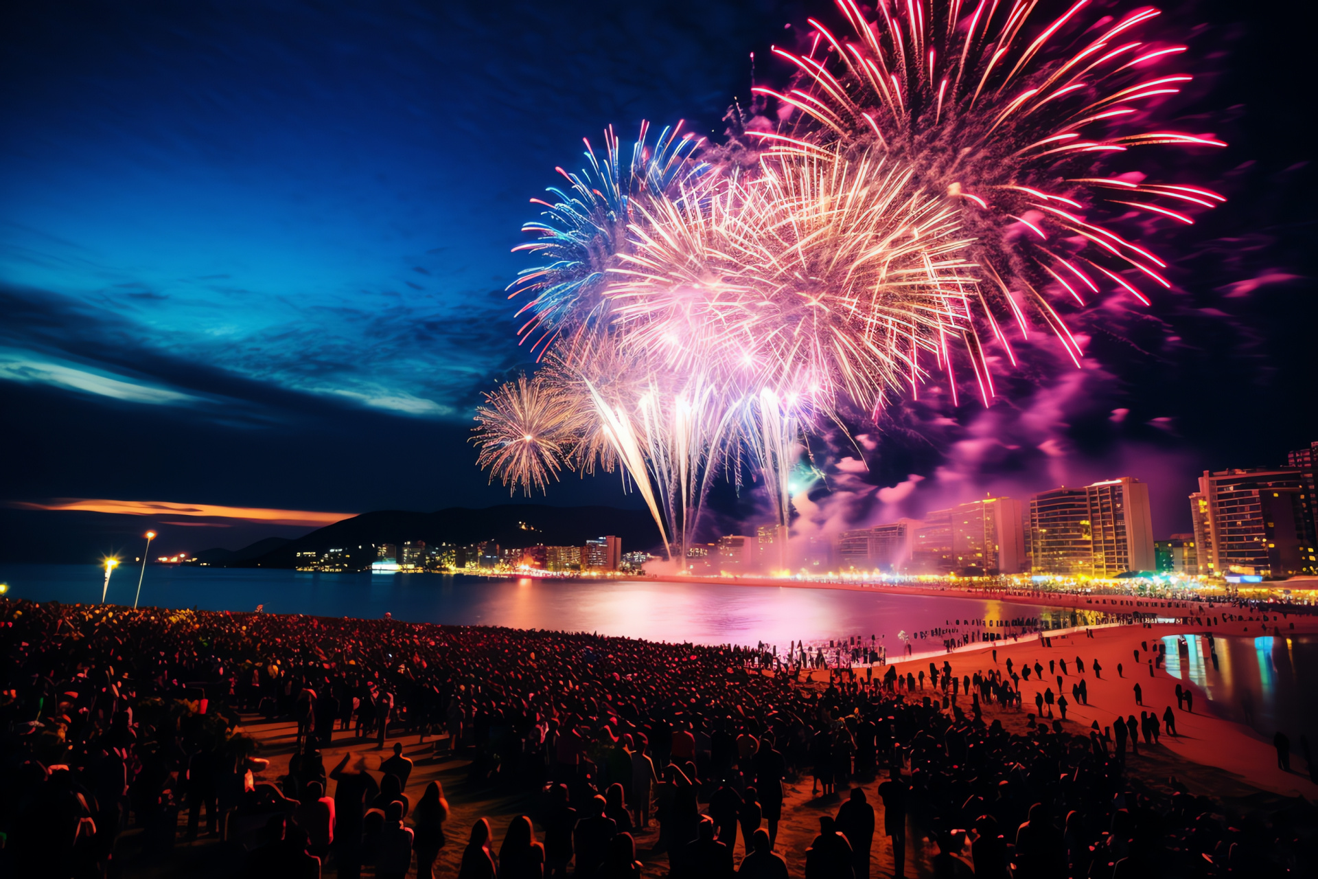 Copacabana New Year's revelry, Rio festivities, Brazilian street carnival, firework spectacles, lively traditions, HD Desktop Image