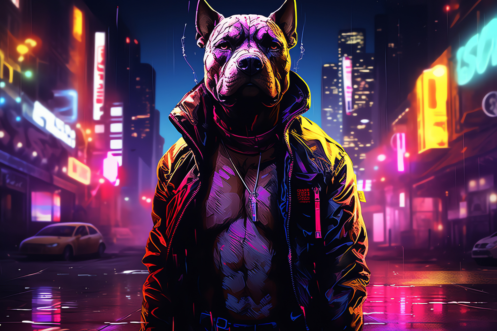 Pit Bull street view, Dark-furred stray, Sheen-coated pet, Bustling city life, Neon-lit avenue, HD Desktop Wallpaper