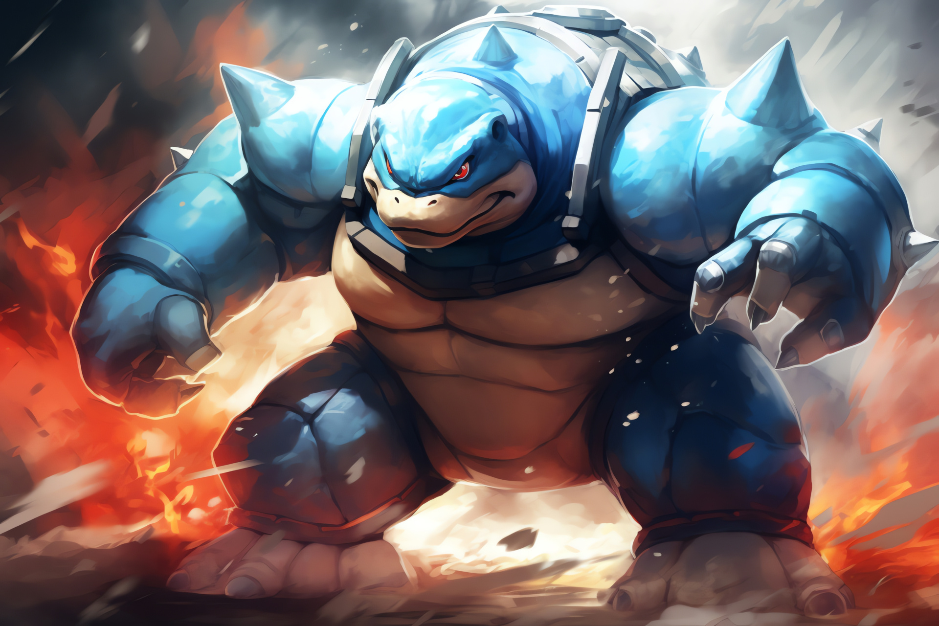 Armor-clad Blastoise, Aquatic power, Cobalt creature, Intense stare, Cannon-bearing tortoise, HD Desktop Wallpaper