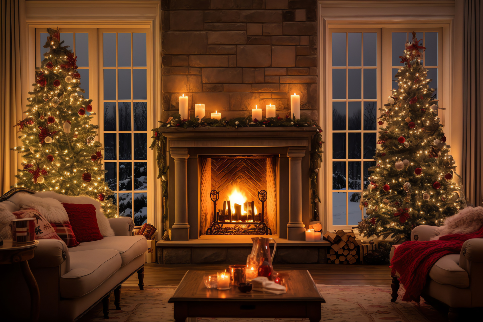 Christmas homely scene, Family festive room, Glowing seasonal lights, Hearthside warmth, Kin reunion, HD Desktop Image