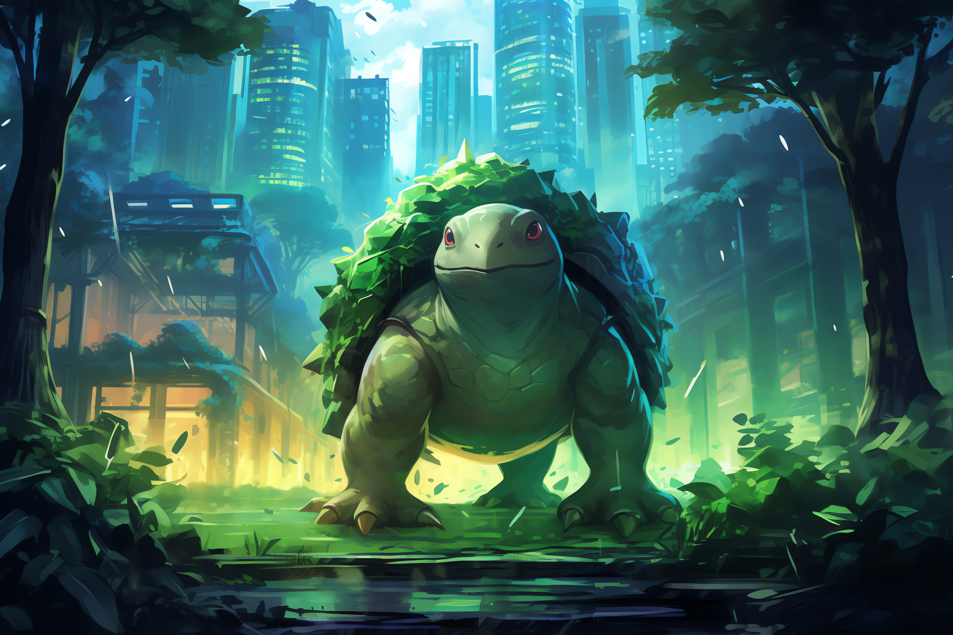 Torterra appearance, Pokmon juxtaposition, Architectural forest resemblance, Territorial creature, Urban Pokmon scene, HD Desktop Image