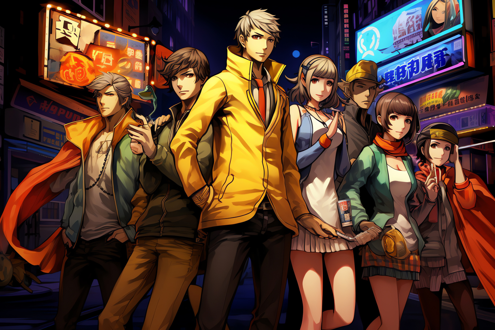 Persona 4 Golden version, Ensemble illustration, Inaba setting, Department store feature, Haze-laden scenery, HD Desktop Wallpaper