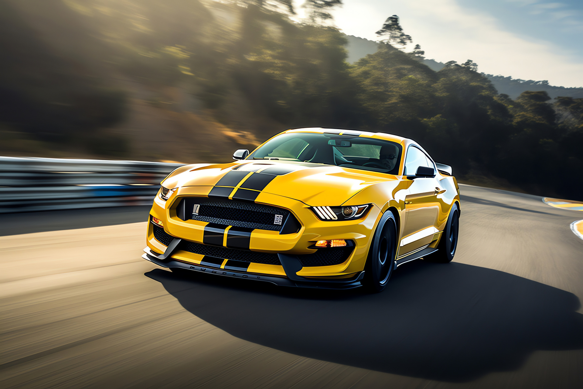 Ford Mustang Shelby, GT350R on track, Laguna Seca performance, Aerodynamic sports drive, Racing circuit, HD Desktop Image