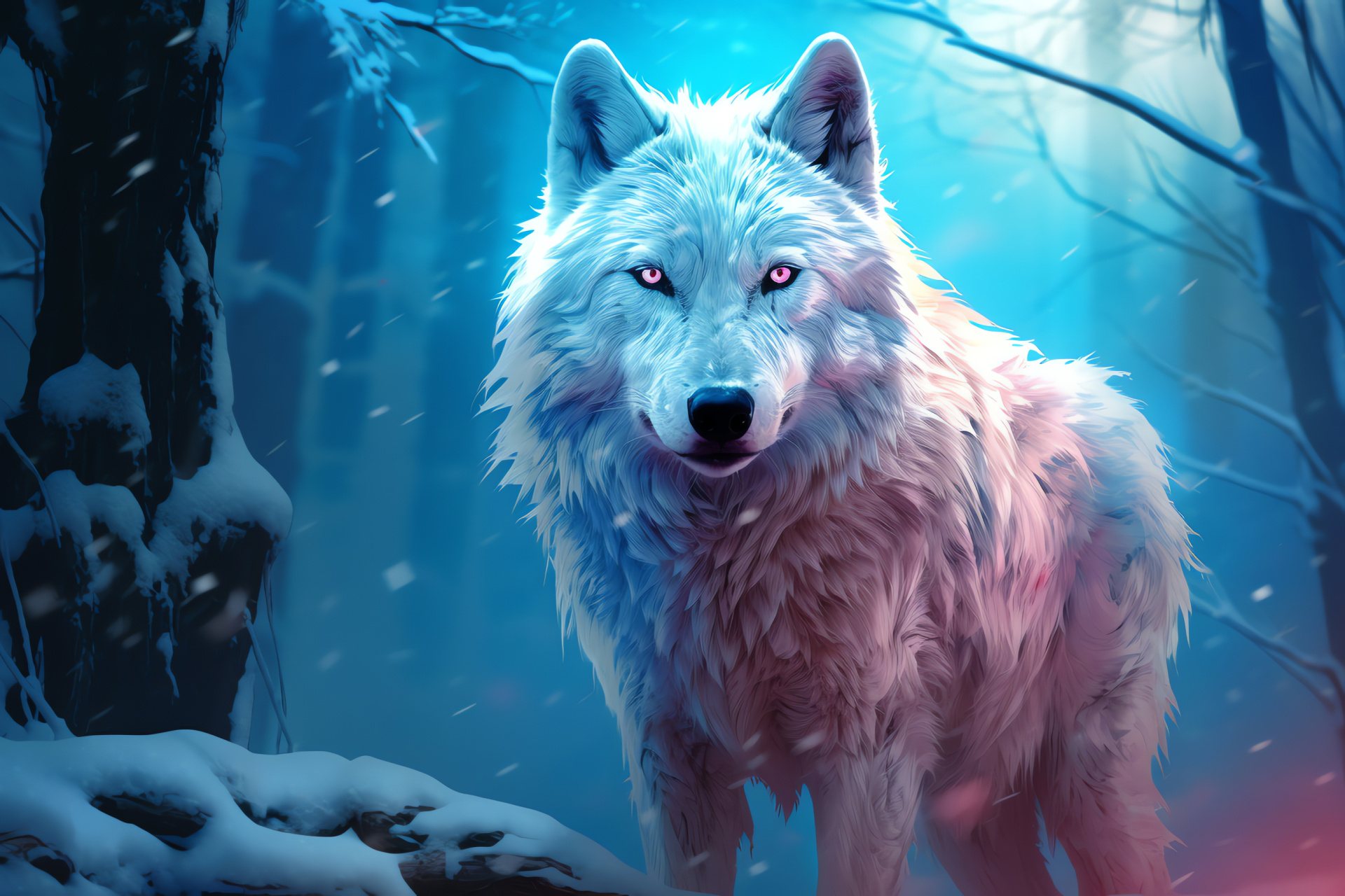 Winter wildlife, White Canis lupus, Ice-blue stare, Frosty fur insulation, Snowy habitat, HD Desktop Image