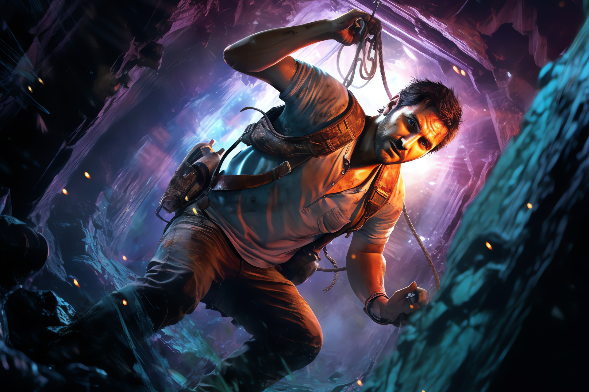 Nathan Drake exploration, Uncharted action, Hook and hold, Ancient sculpture, Underground terrain, HD Desktop Image