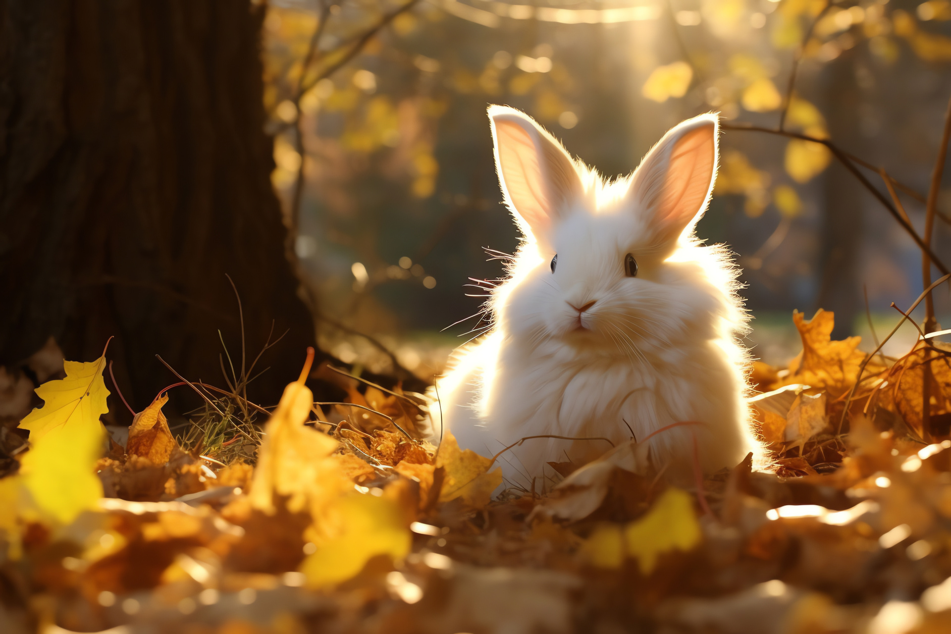 Leporidae mammal, gold iridescent eyes, lush fur texture, rabbit species, tranquil ambiance, HD Desktop Image