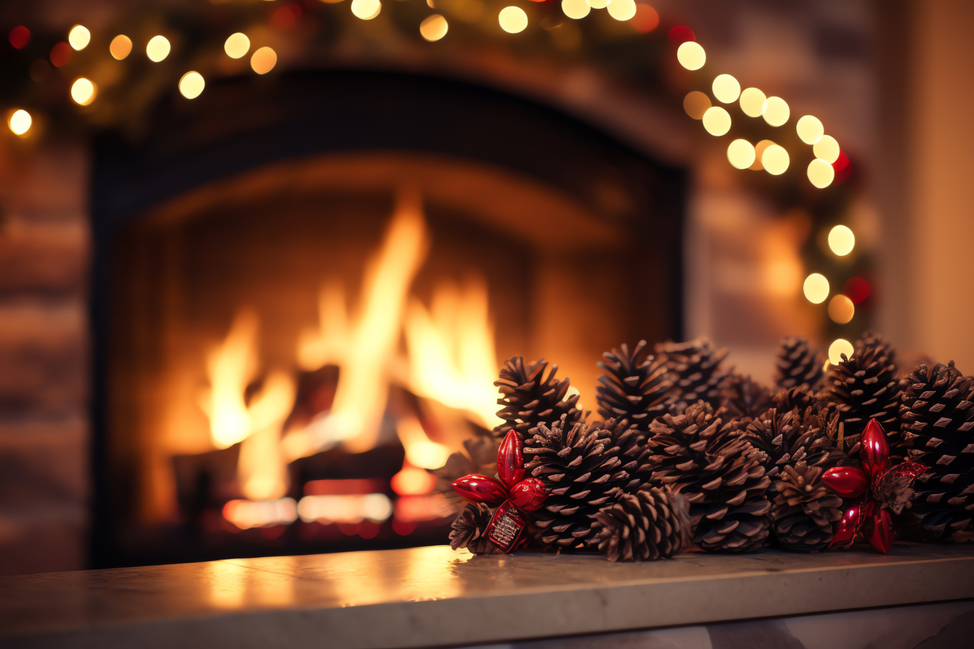 Winter Solstice backdrop, warm fireplace radiance, seasonal garland, festive luminescence, traditional decor, HD Desktop Wallpaper