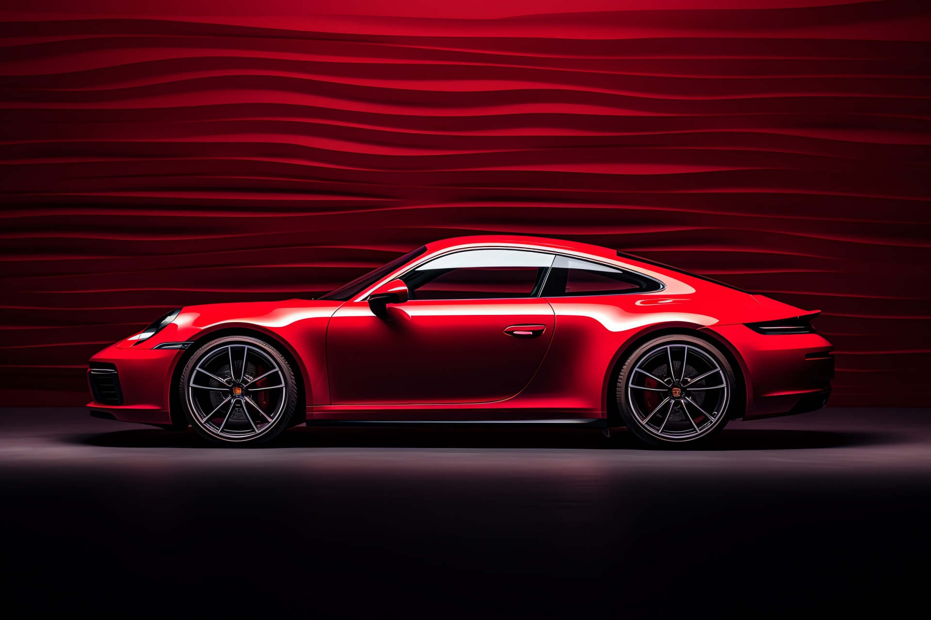 Porsche 911 Red edition, Minimalist aesthetic, Automotive profile, Sporty contours, Vivid monochromatic backdrop, HD Desktop Image