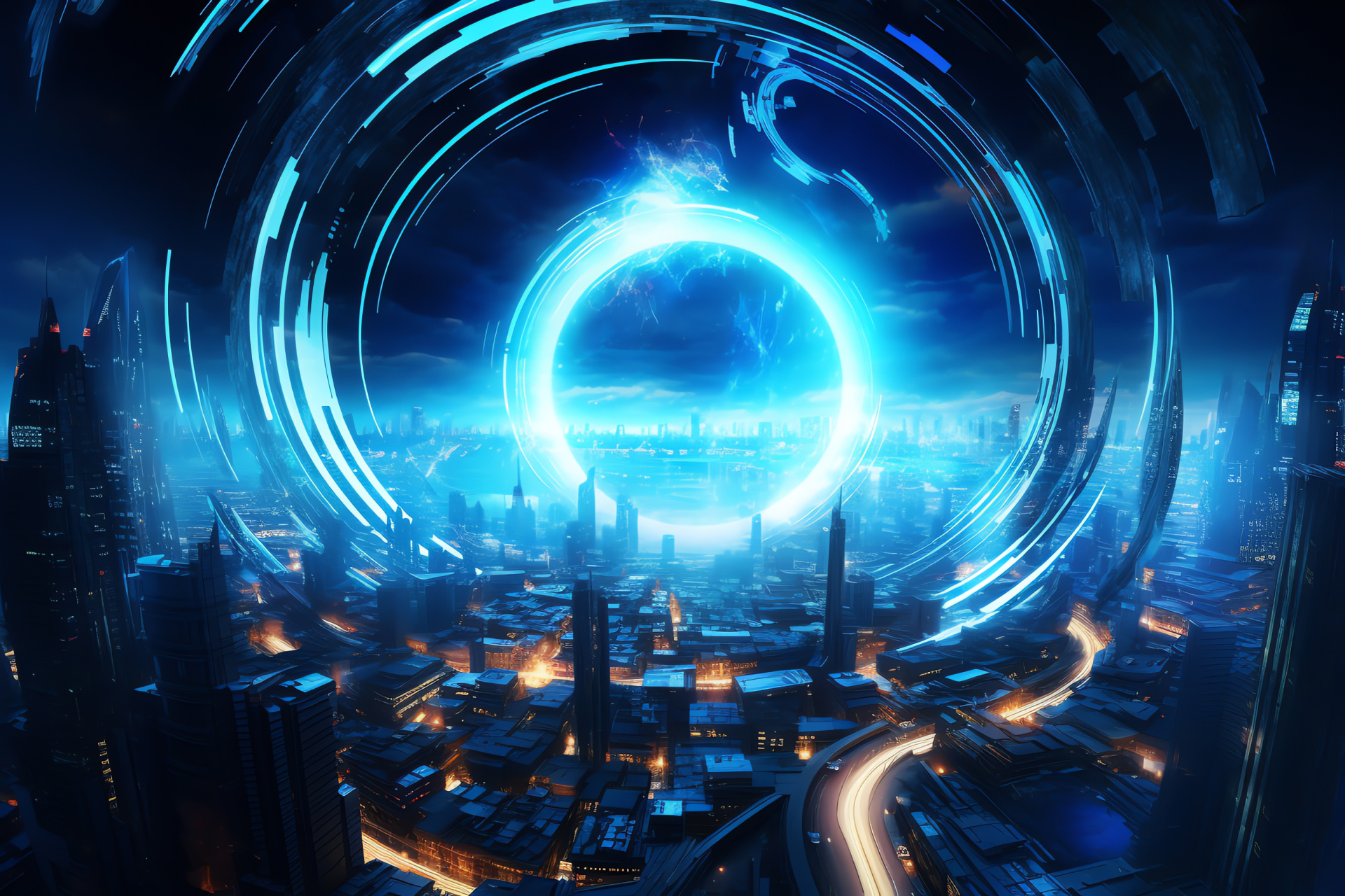 Metropolitan whirlpool, Urban sci-fi, Neon-lit skyline, Panoramic city view, Futuristic escape, HD Desktop Image