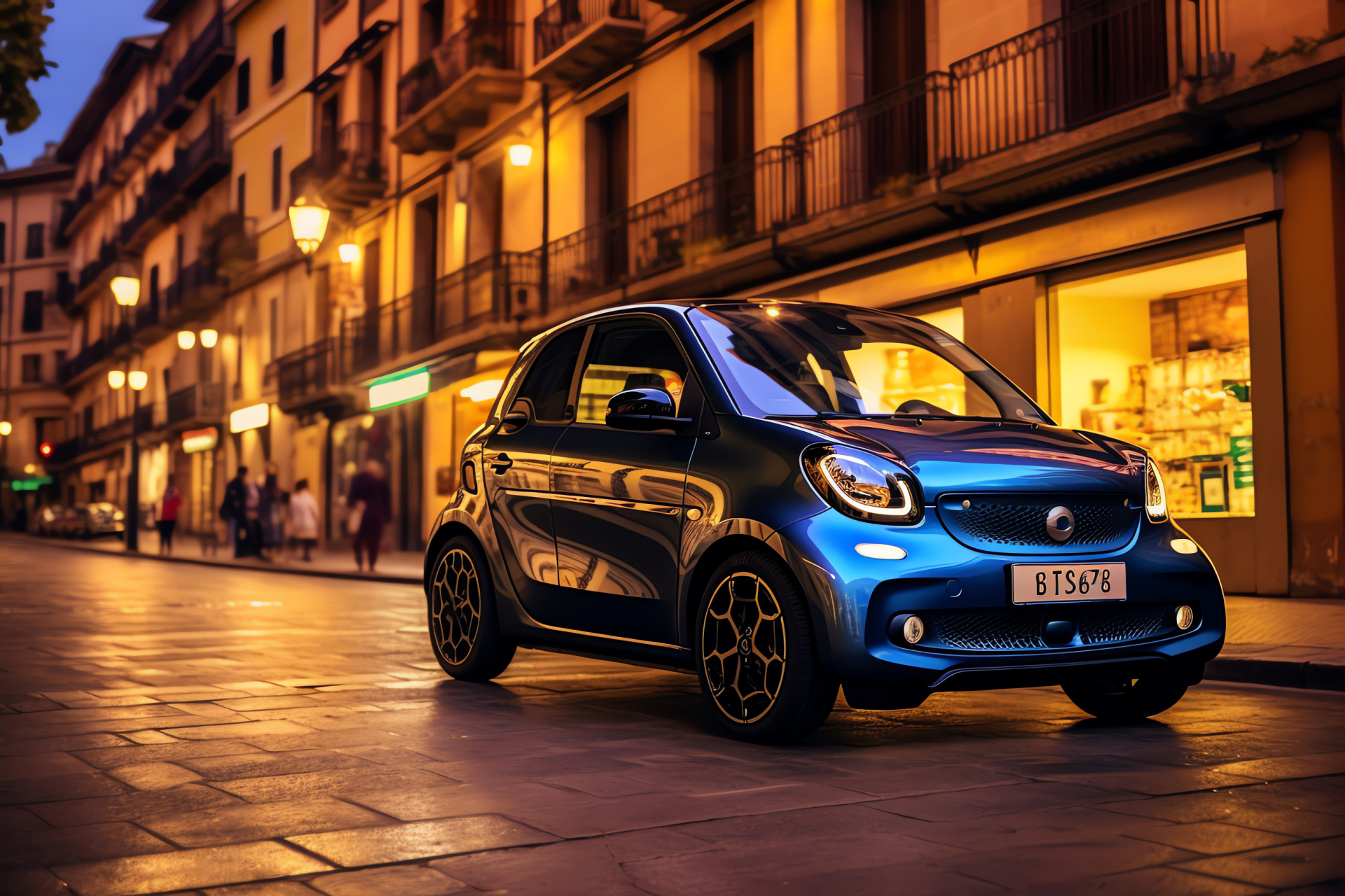 Barcelona Smart Car, electric urban vehicle, Gothic Quarter essence, contemporary metallic finish, warm lighting, HD Desktop Image