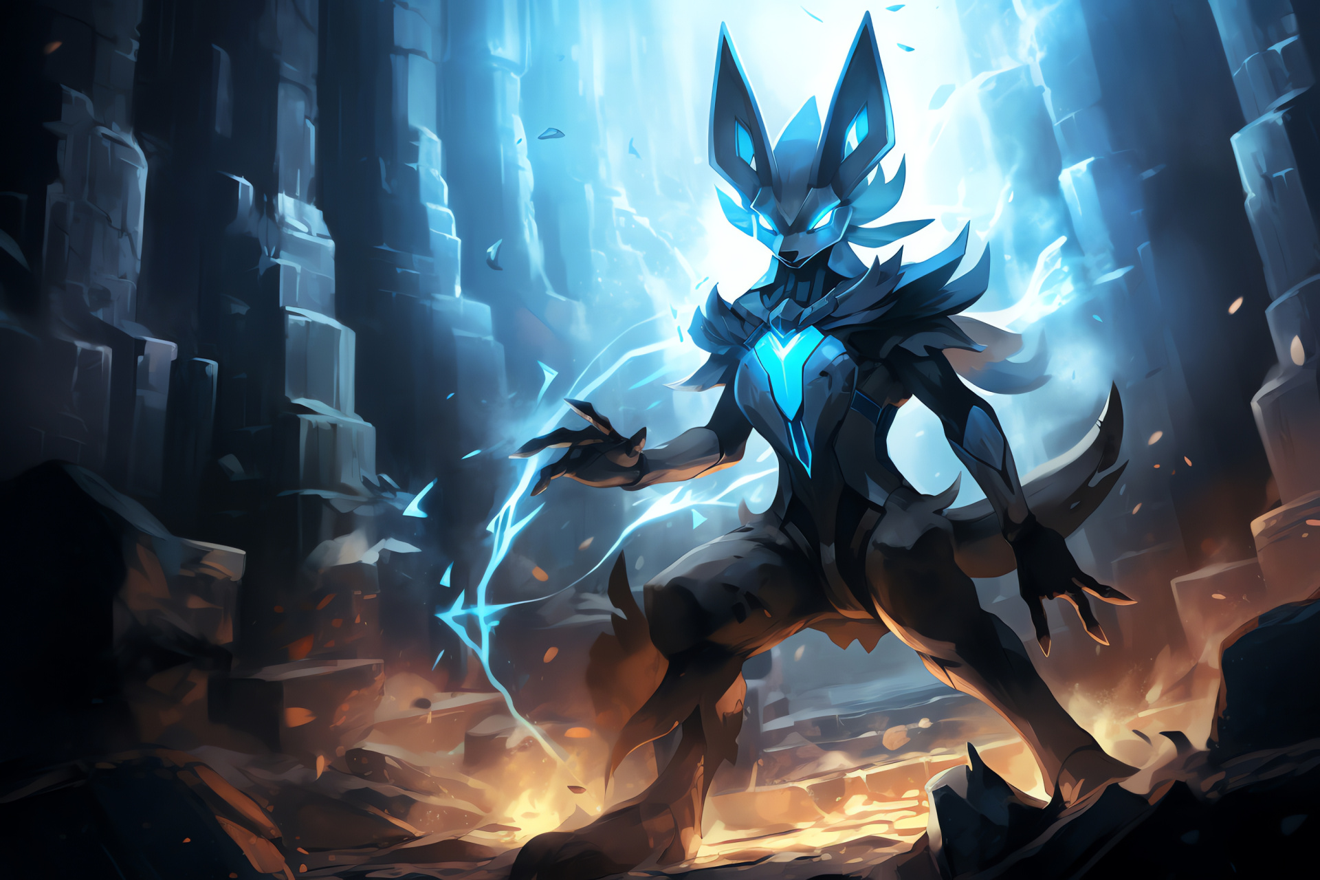 Pokemon Lucario figure, Digital gaming, Loyal companion, Fierce fighter, Signature color scheme, HD Desktop Wallpaper