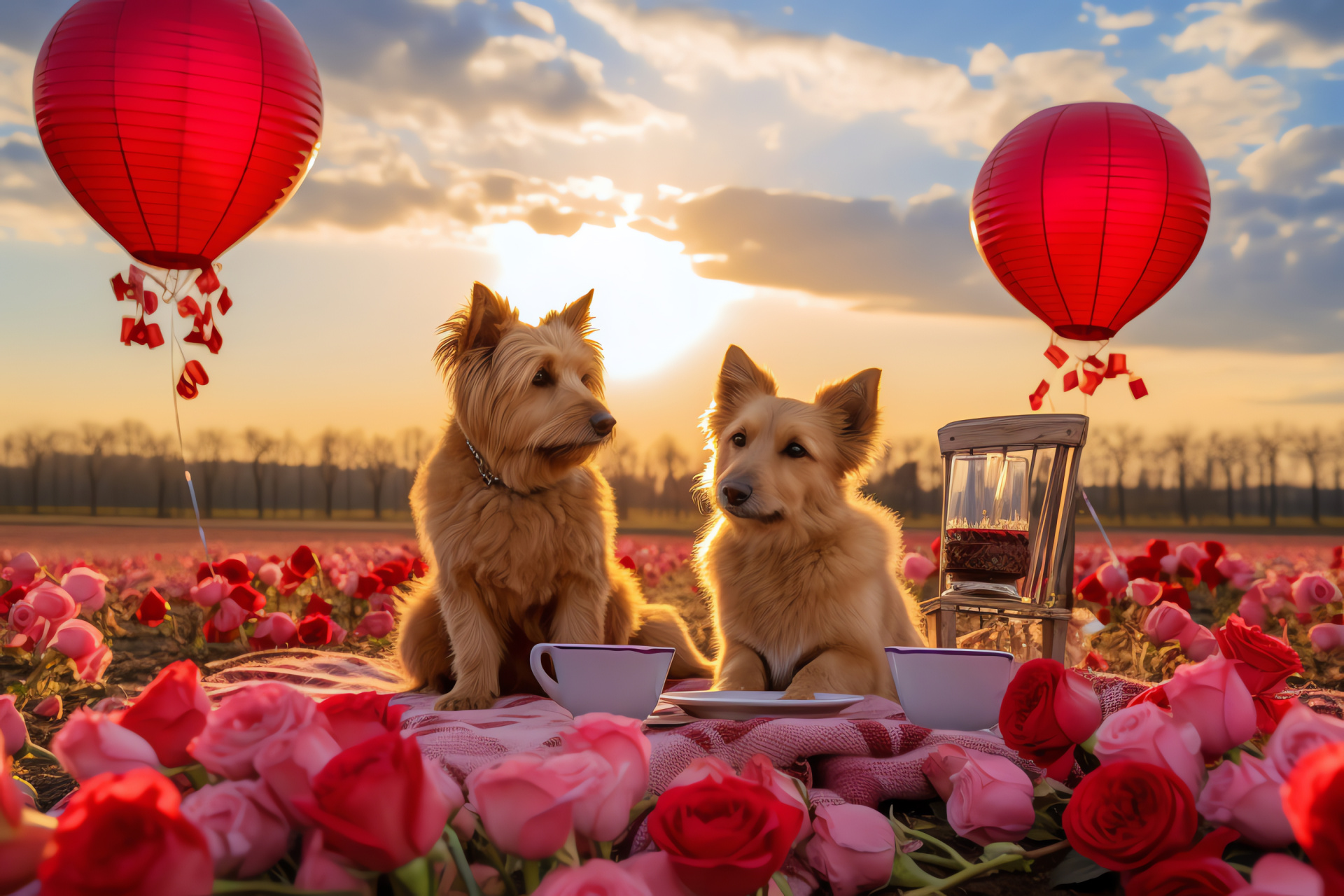 Romantic fauna, Day of hearts, Pastoral scenery, Flourishing blooms, Paired creatures, HD Desktop Image