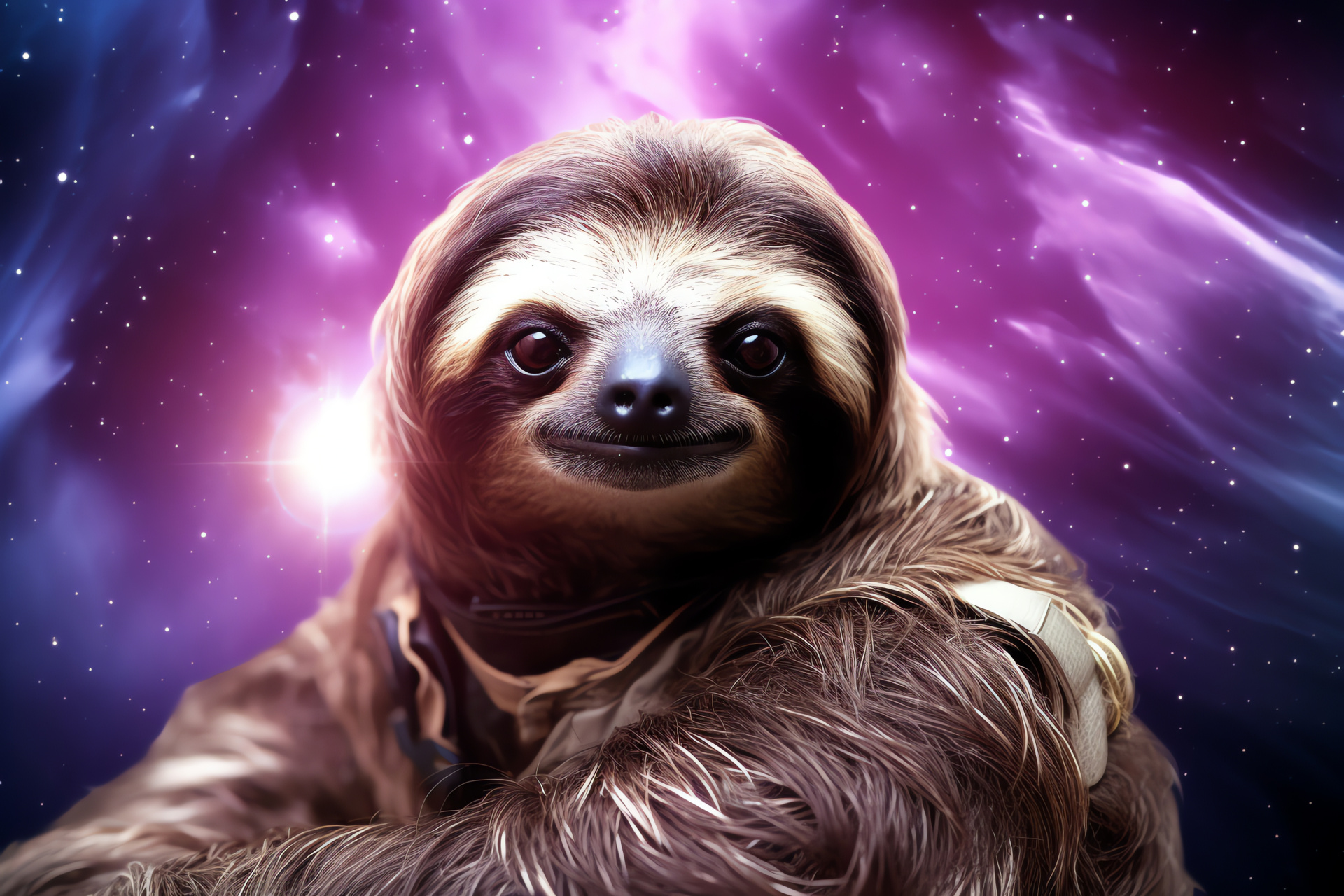 Sloth from space theme, Long silver fur, Amethyst-eyed, Starry backdrop, Cosmic animal illustration, HD Desktop Image