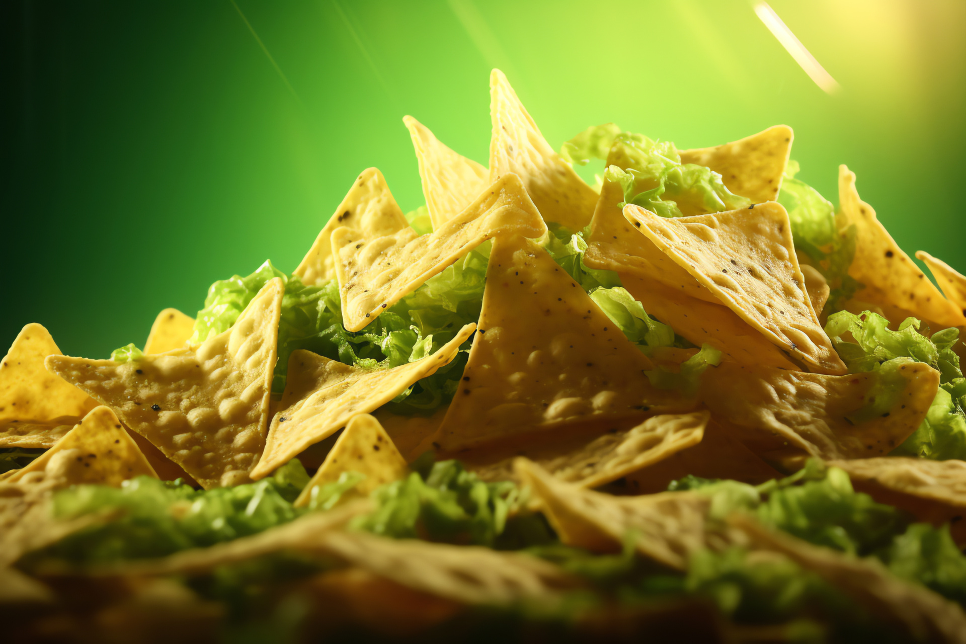 Taco Bell dish, savory nachos, heaping toppings, fine detail, verdant ambiance, HD Desktop Image