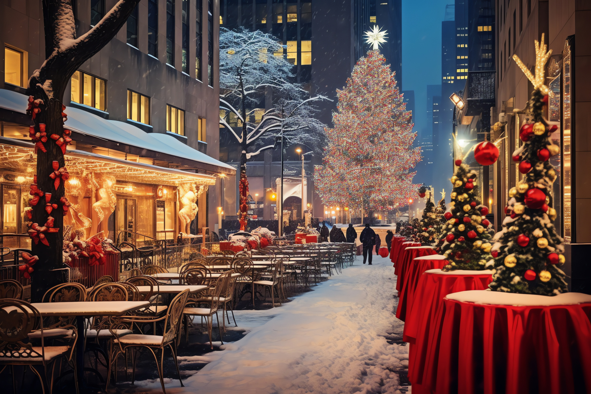 Rockefeller Center, New York Yuletide, Seasonal hot cocoa, Adorned holiday cups, Snow-covered scenery, HD Desktop Image