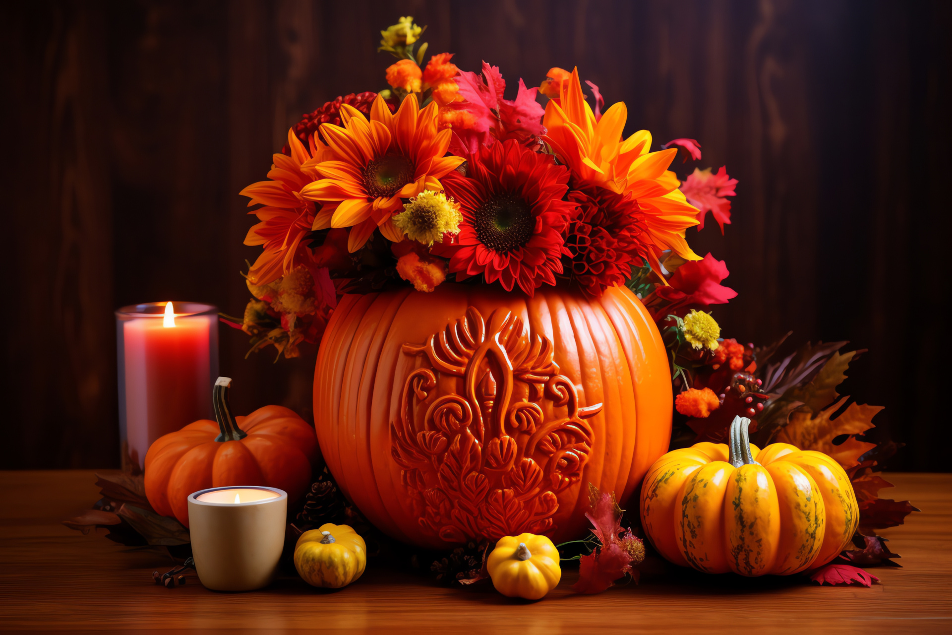 Autumn harvest, holidays pumpkin, October flora, Thanksgiving arrangement, festive decorations, HD Desktop Image