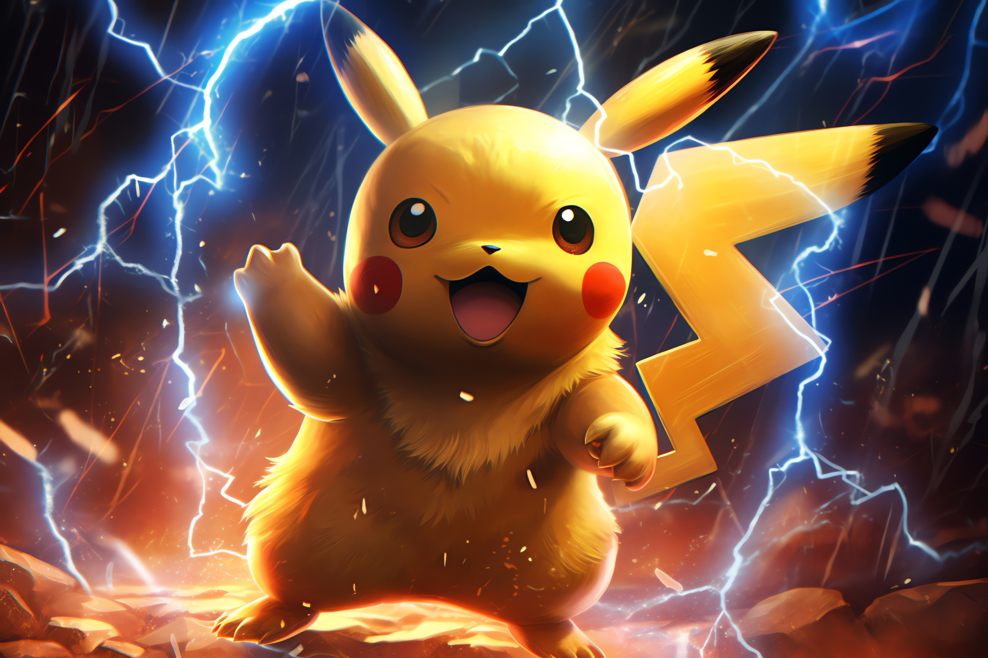 Pikachu character, Anime creature, Pokmon mascot, Joyful facial features, Thunderbolt ability, HD Desktop Image