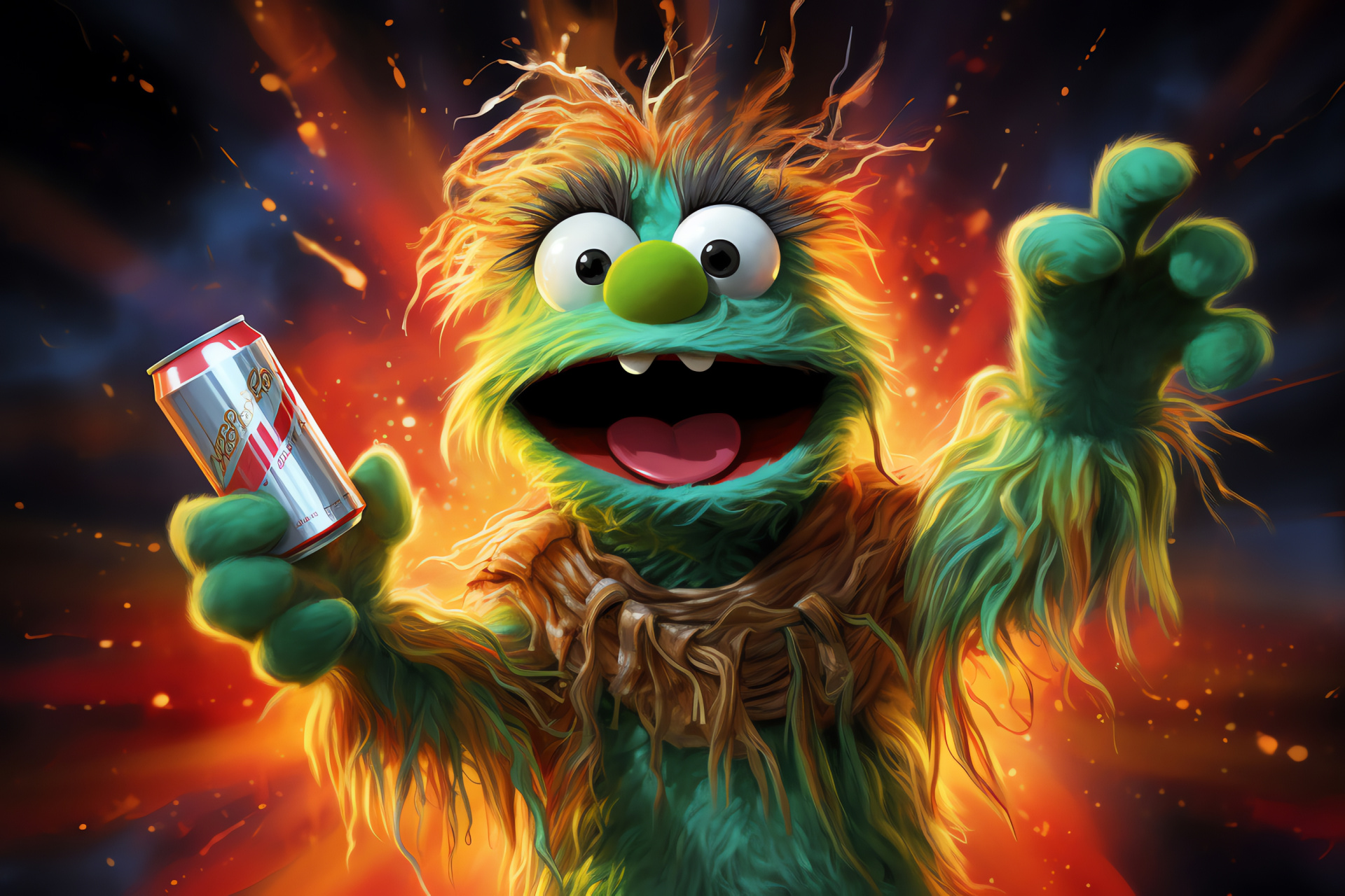 Mischievous trash dweller, Brightly-lit aesthetic, Oscar's shaggy texture, Luminous graphic surroundings, Puppet personality, HD Desktop Image