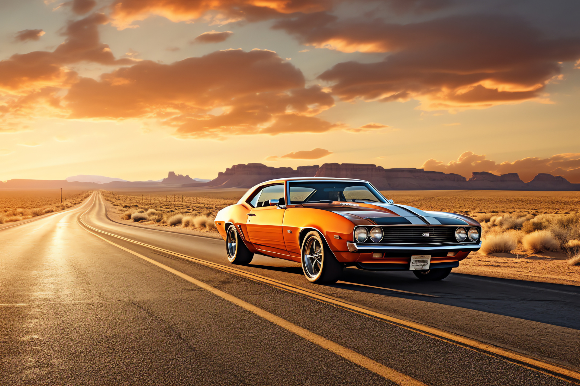 Classic American muscle, Chevrolet Camaro SS, iconic Route 66, desert scene, sunset cruising, HD Desktop Image