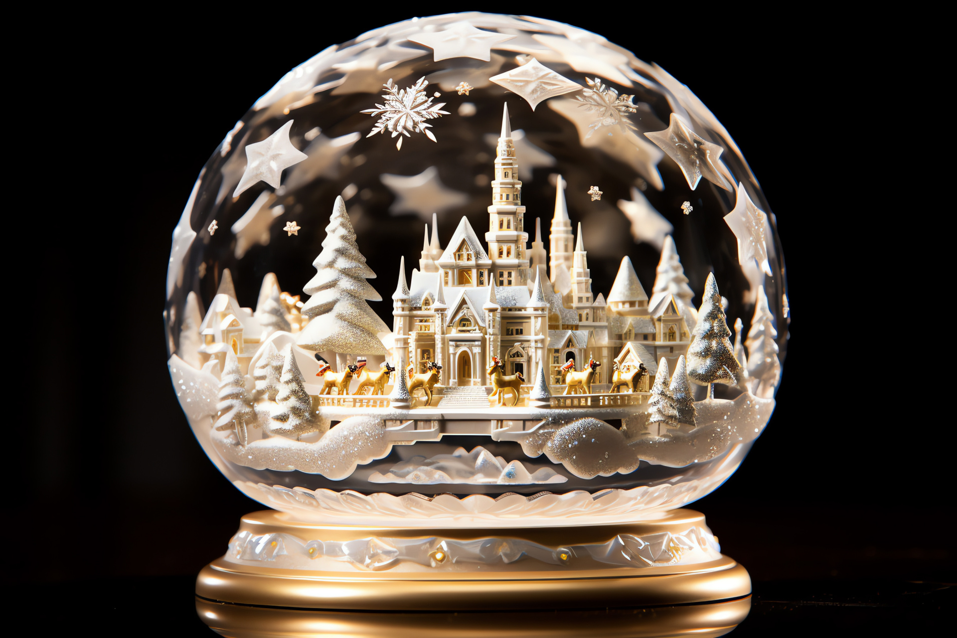 Wintry sphere, frosty fortress, snowy celebration, glinting spires, ice flake motifs, HD Desktop Image