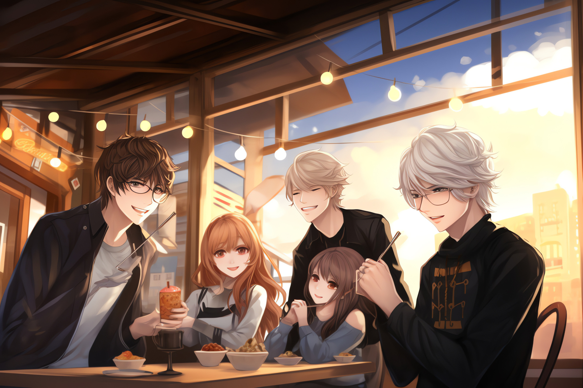 Mystic Messenger interaction, Rika's themed setting, Animated cafe, Zen with Jaehee, Yoosung in game, HD Desktop Image