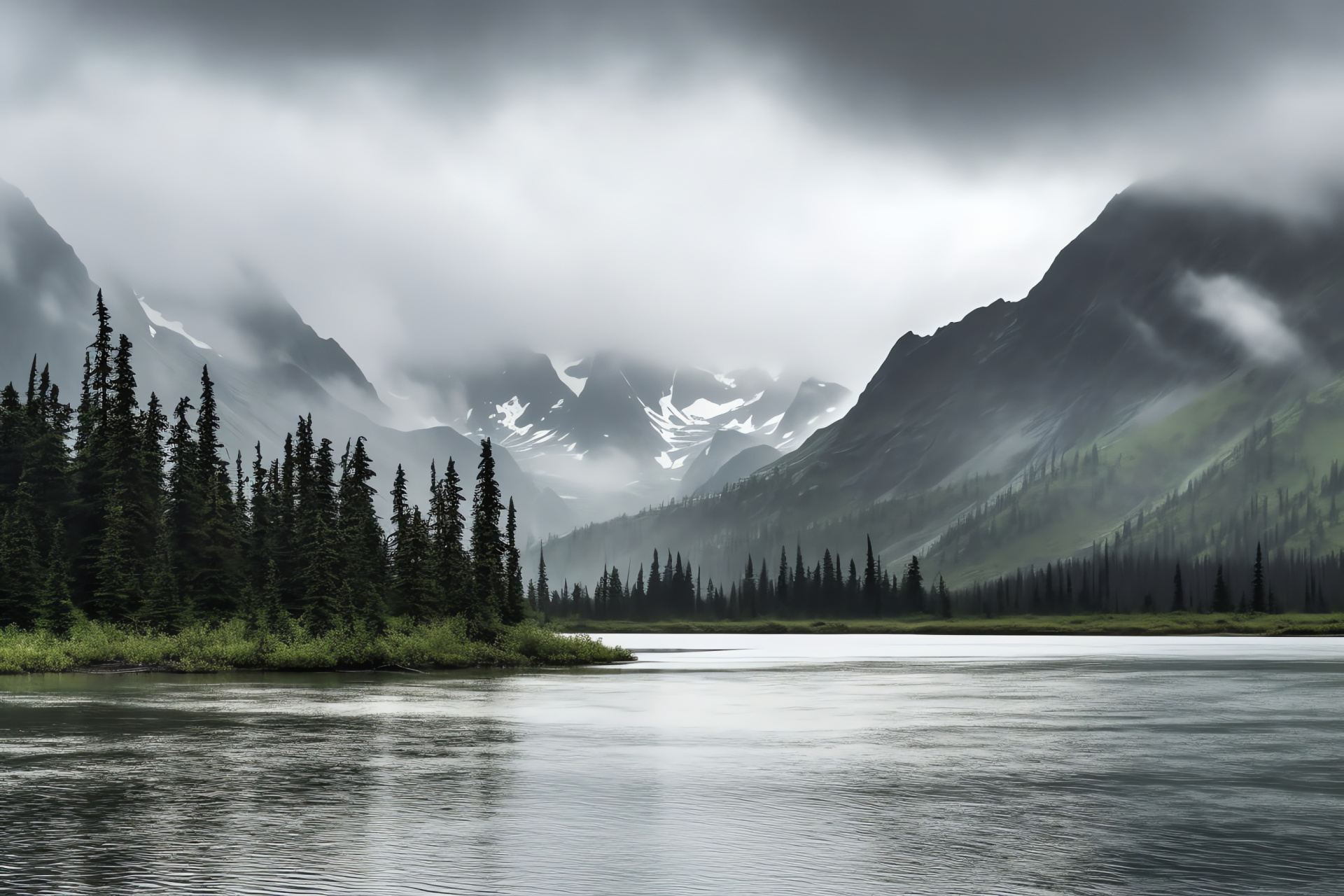 Northern wilderness scene, rainy forest landscape, elevated natural vistas, Alaska's atmospheric phenomena, scent of nature, HD Desktop Image