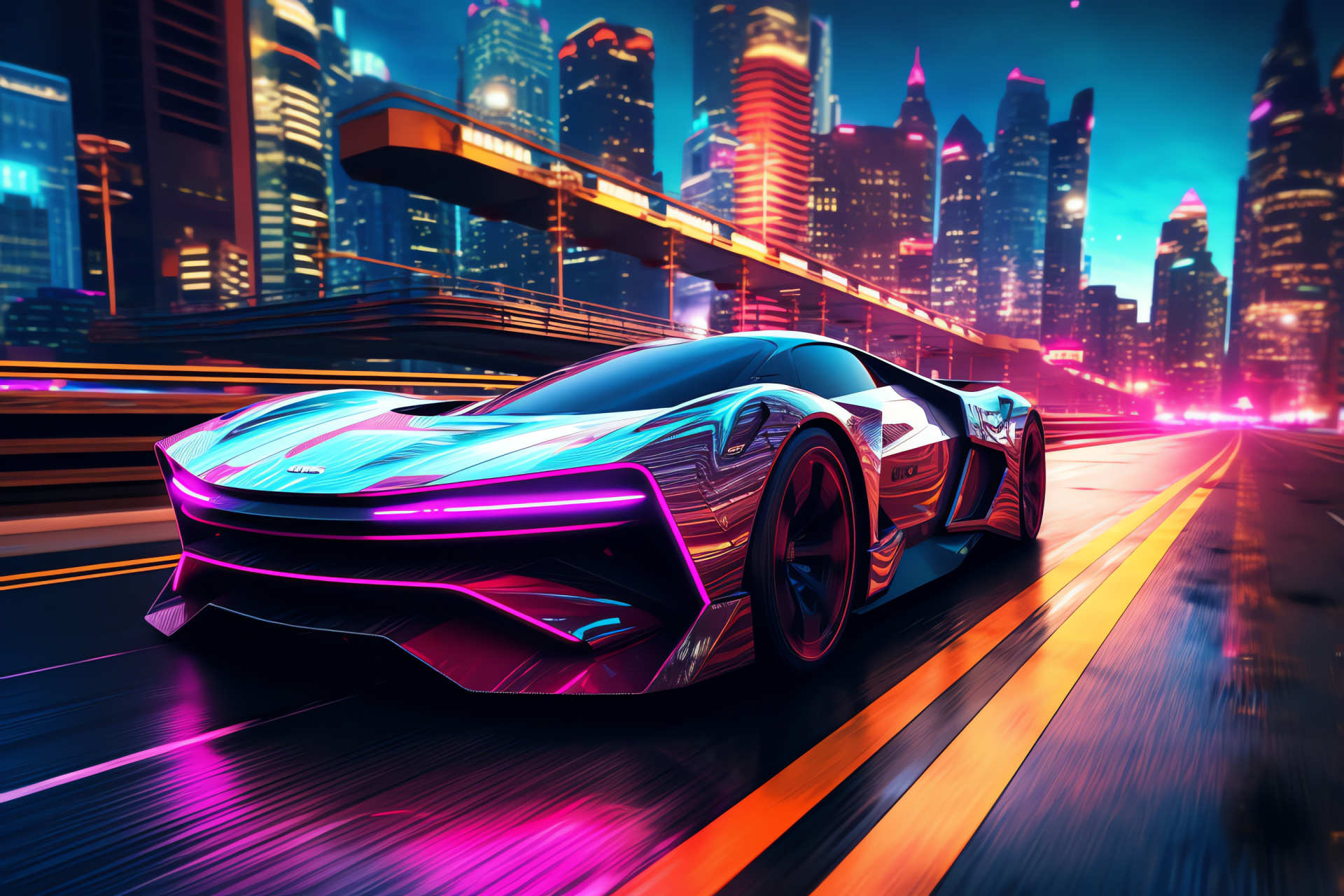 Neon Car, city expanse, modern architecture, advanced travel machines, futuristic transit, HD Desktop Wallpaper