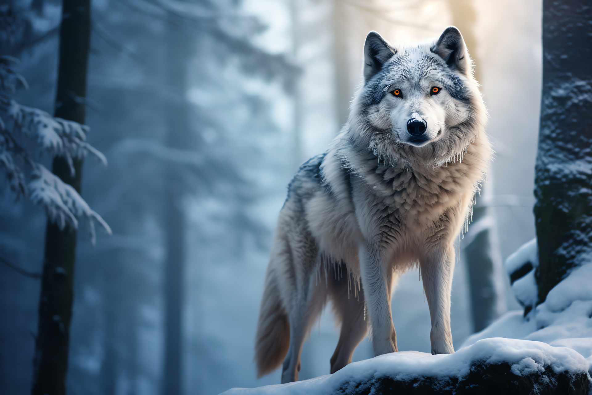 Winter scene, solitary wolf, arctic beauty, wintry coat, frosty landscape, HD Desktop Wallpaper