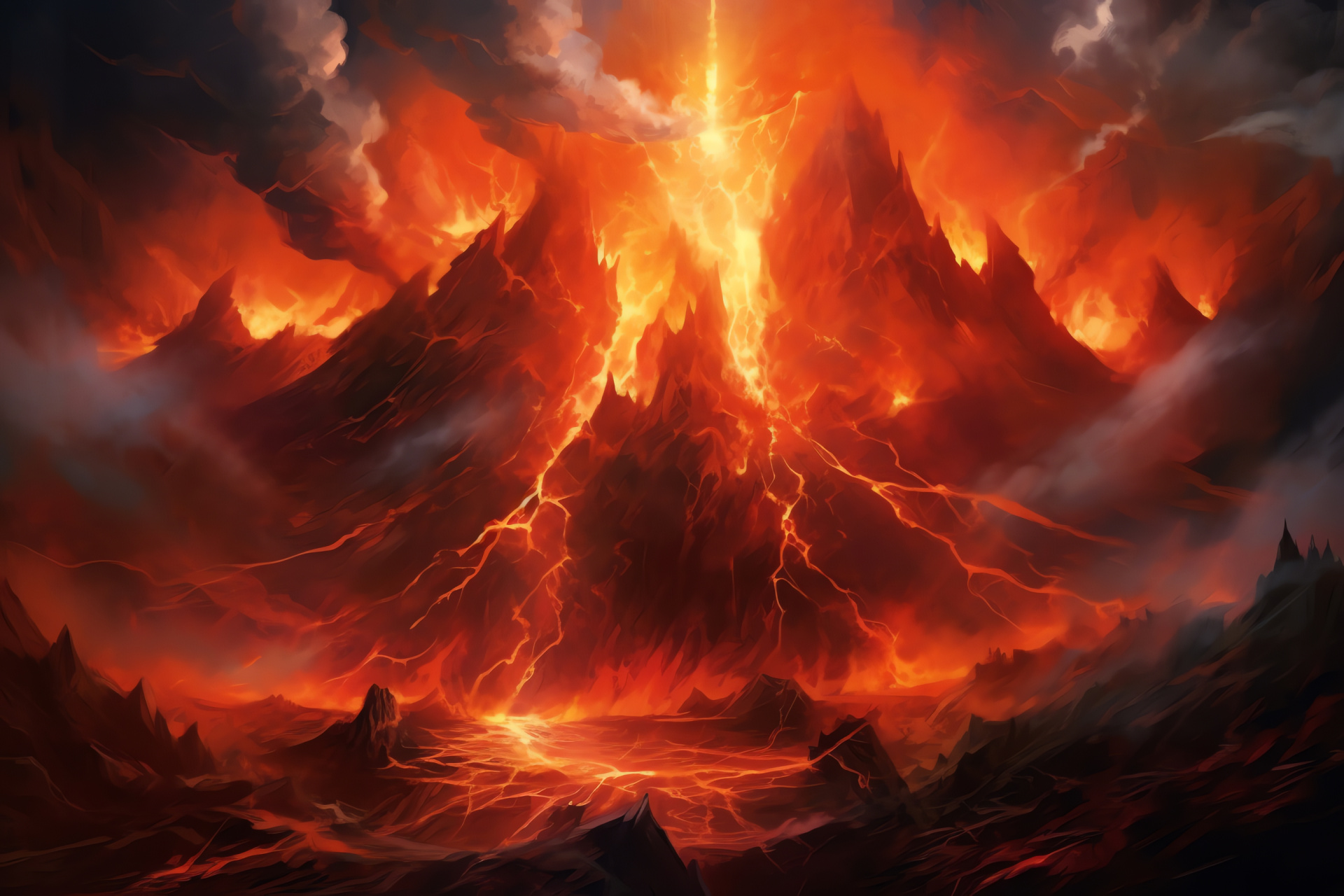 MTG spectacle, Primal spellcasters, Lava cascade, Pyromancer assembly, Igneous terrain, HD Desktop Wallpaper