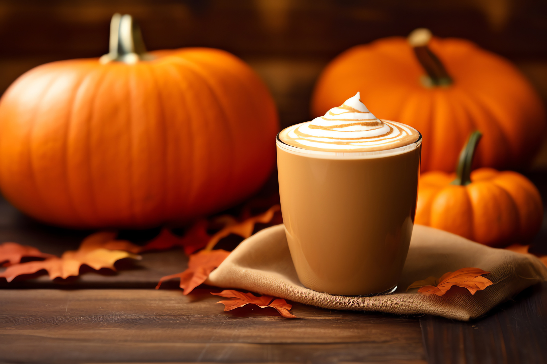 Spiced autumn beverage, cozy setup, autumnal leaves, beverage warmth, frothy drink, HD Desktop Wallpaper