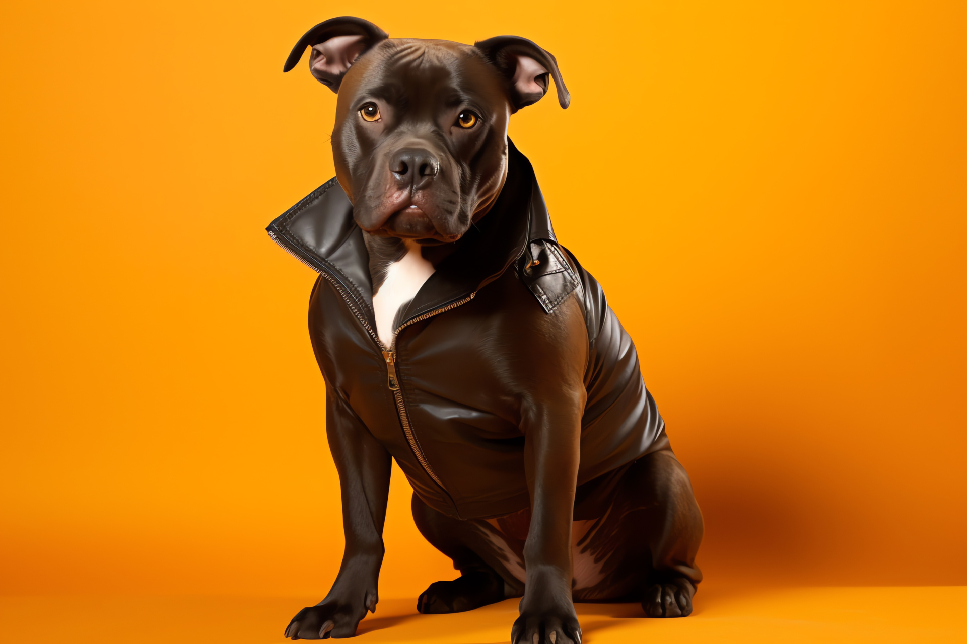 Pit Bull terrier, shiny black fur, pure orange stage, orange harmony, Animal portrait, HD Desktop Wallpaper