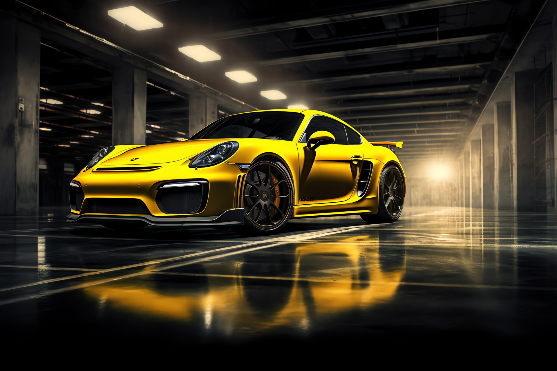 Porsche Cayman GT4, Bright yellow visual, Wide stance, High-performance coupe, German sports car, HD Desktop Image